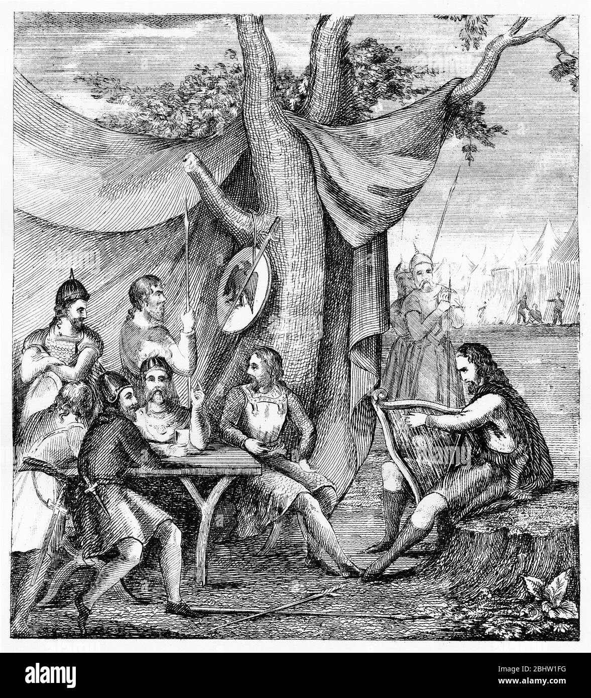 Incisione del re sassone Alfred il Grande nel campo danese dei suoi enemies, travestito da un minstrel vagante, per raccogliere l'intelligenza. Foto Stock