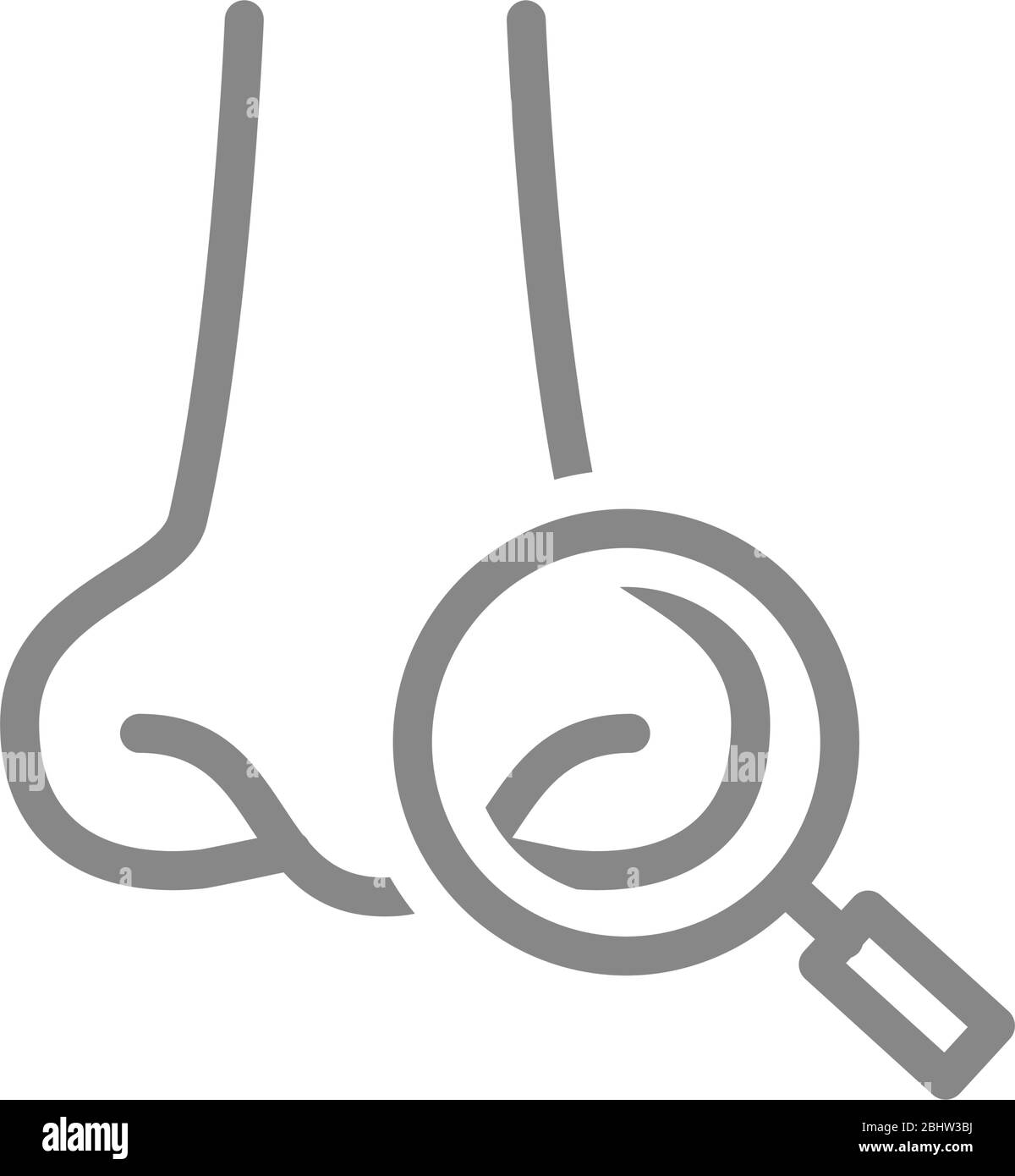 Naso umano con icona a linea di lente d'ingrandimento. Ricerca sugli organi, simbolo di prevenzione delle malattie Illustrazione Vettoriale