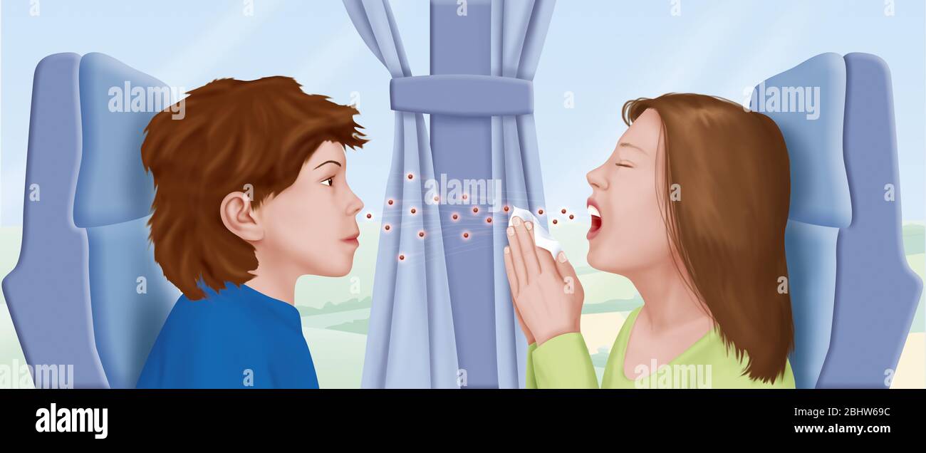 Contaminazione di una malattia virale da starnuti. In questa illustrazione, vediamo due bambini che si affacciano su un treno. La ragazza è malata. Starnuti, lei Foto Stock