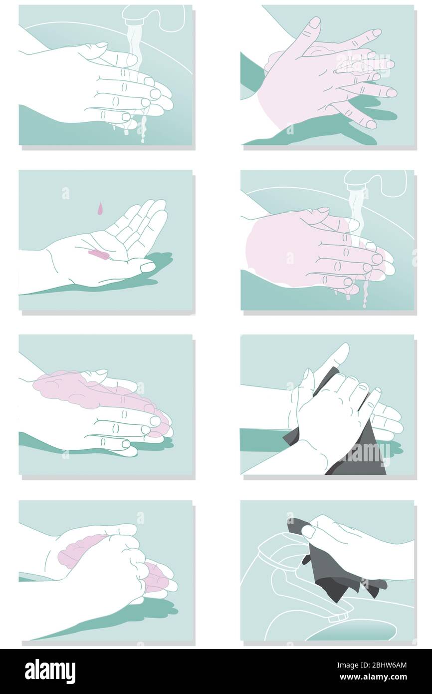 Igiene delle mani, uso di un sapone per prevenire i virus. Questa figura mostra in 8 fasi come lavare le mani correttamente. Dopo averli inumiditi, è Foto Stock