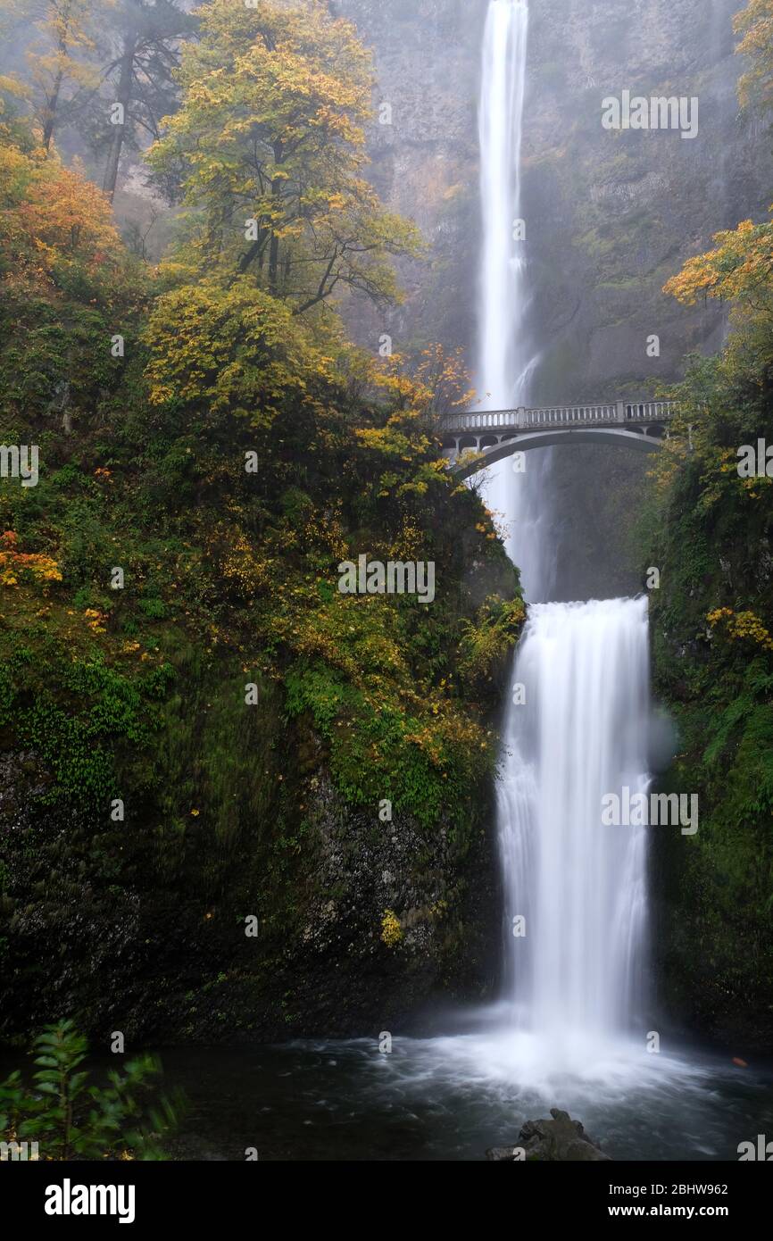 Cascate Multnomah e famoso ponte sopra l'acqua che scorre nella gola del fiume Columbia dell'Oregon in autunno Foto Stock