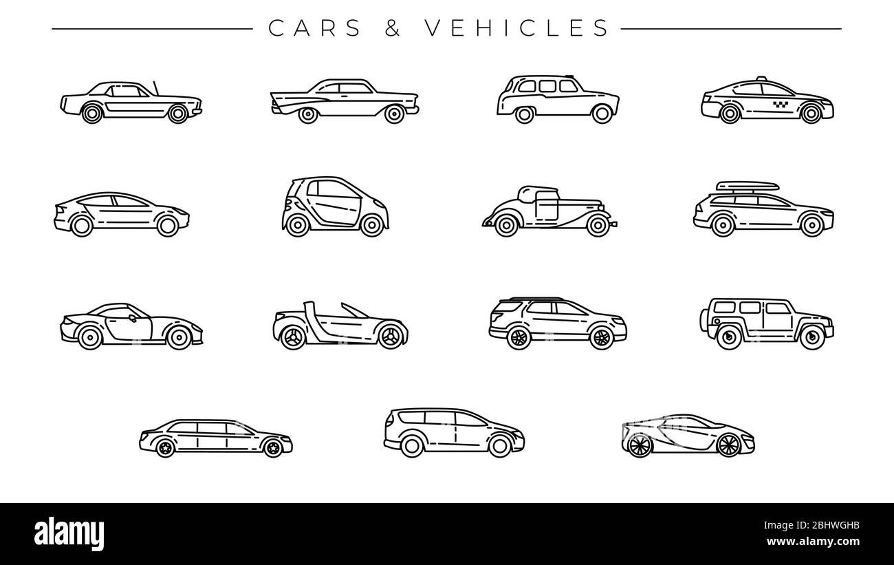 Set di icone vettoriali stile linea concept per auto e veicoli. Illustrazione Vettoriale
