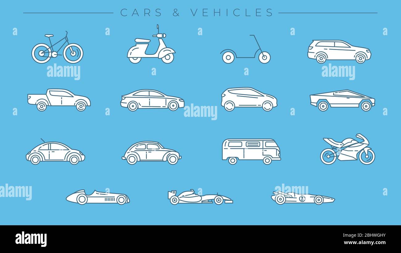 Set di icone vettoriali stile linea concept per auto e veicoli. Illustrazione Vettoriale