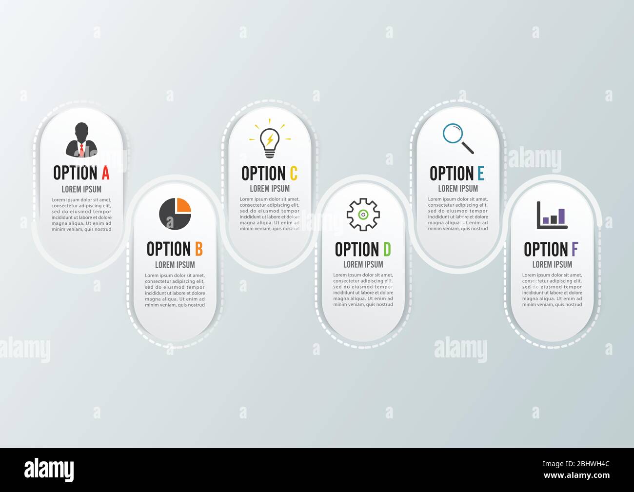Modello Infografico Timeline orizzontali di colore numerati per sei posizione può essere usata per il flusso di lavoro, banner, diagramma, web design grafico ad area. Illustrazione Vettoriale