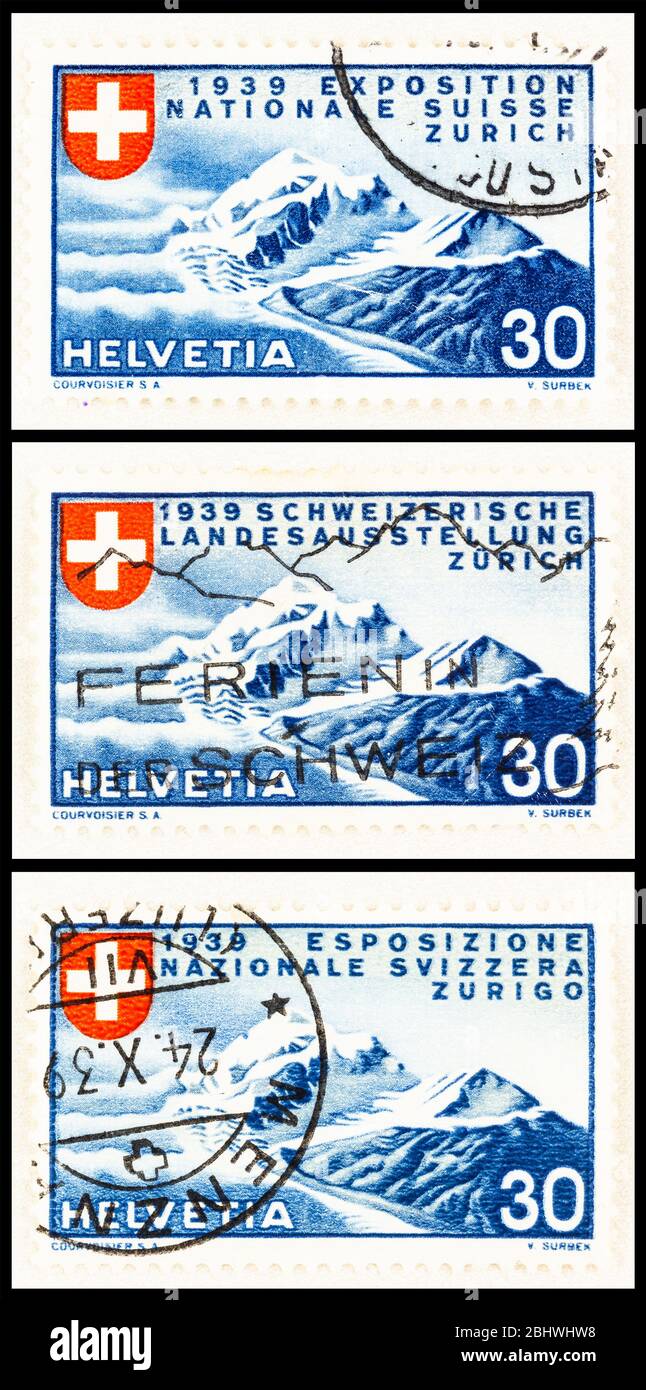 SEATTLE WASHINGTON - 27 aprile 2020: Scenario alpino su francobolli da 1939 30 centime in commemorazione dell'esposizione nazionale svizzera. Scott n. 249, 252 e 255 Foto Stock