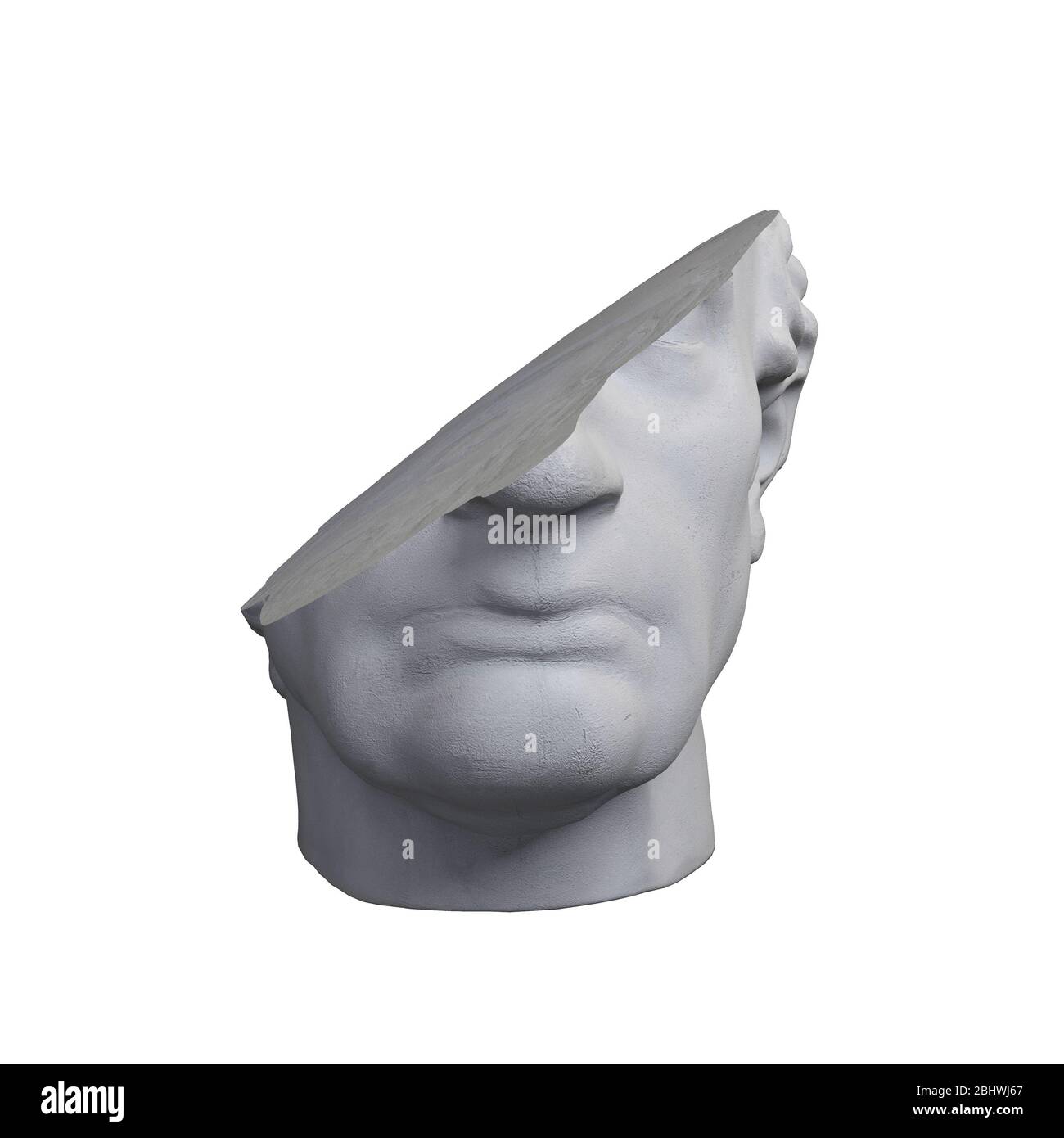 Frammento di colossale testa scultura di stile classico in tonalità monocromatiche grigie isolato su sfondo bianco. Illustrazione del rendering 3D. Foto Stock