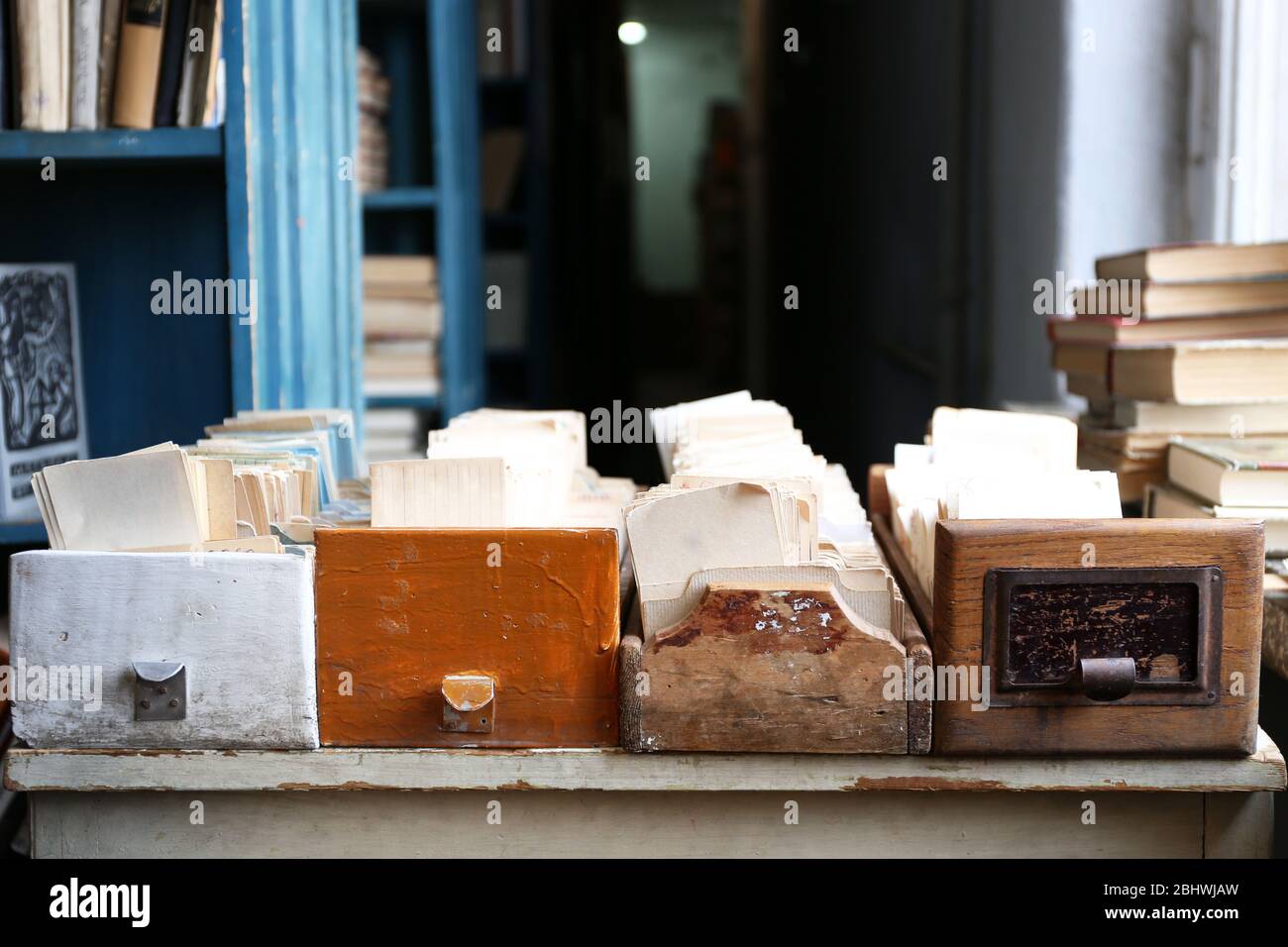 Schede catalogo in biblioteca, primo piano Foto Stock