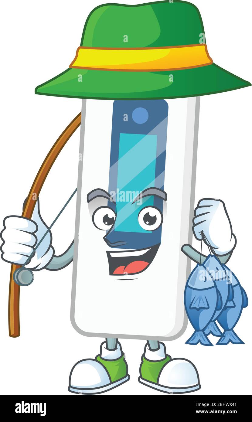 Un'immagine del termometro digitale fisher mascotte design catturare un pesce Illustrazione Vettoriale
