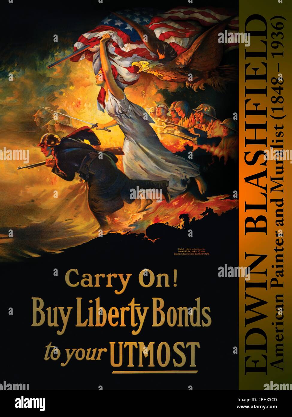 Il poster della prima Guerra Mondiale mostra i soldati che si caricano in battaglia, accompagnati da Lady Liberty con una spada e una bandiera americana. Con un banner laterale aggiunto Foto Stock