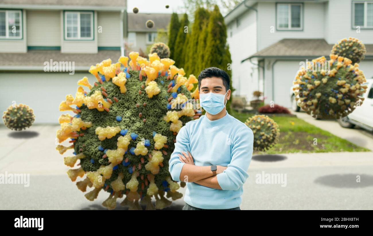 Uomo che indossa maschera in piedi sulla strada allagato da 3D Coronavirus molecole - protezione contro il virus dell'influenza NCOV COVID-19 - Pandemic mondiale Foto Stock