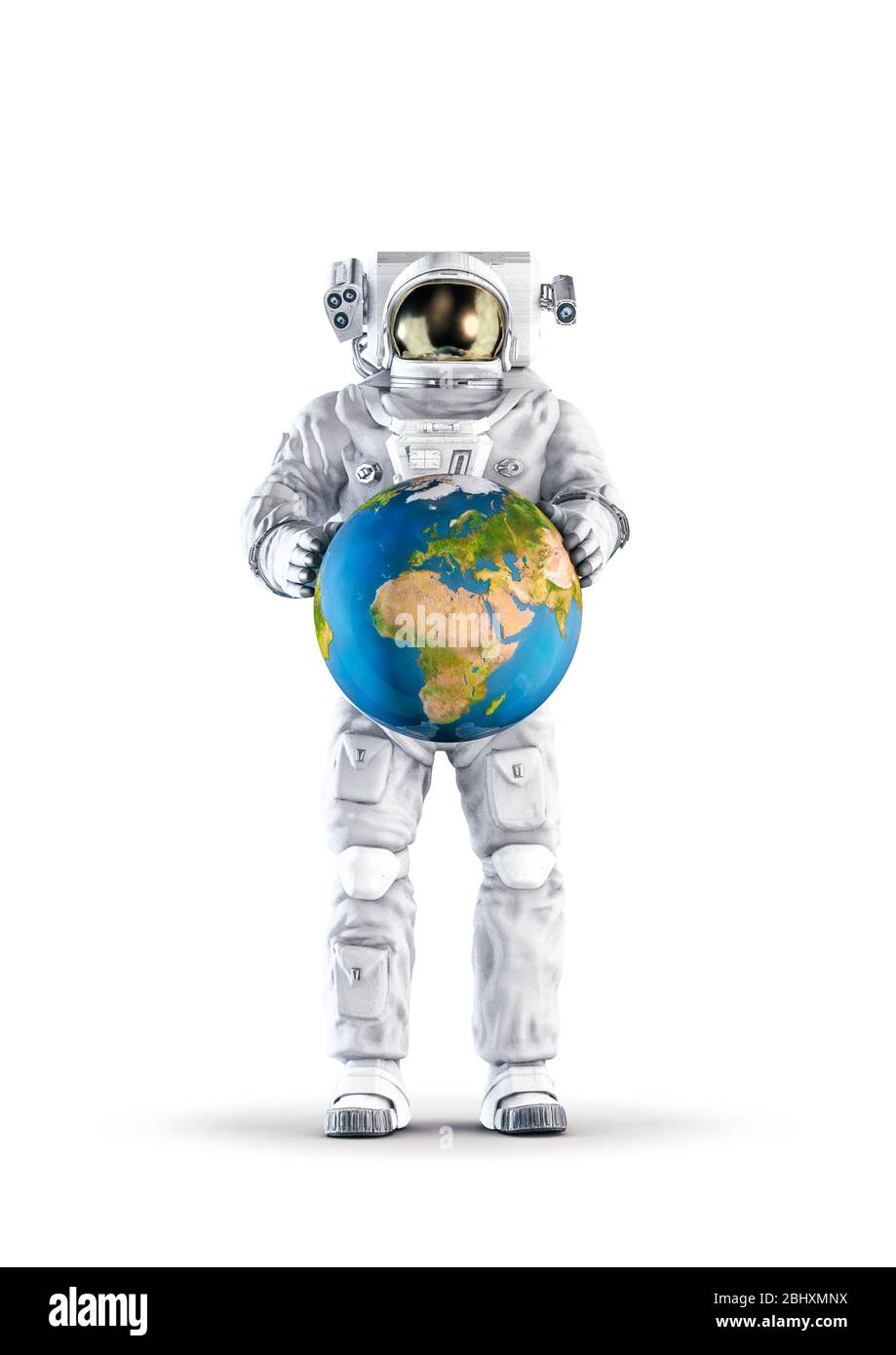 Astronauta con illustrazione Terra / 3D di tuta spaziale indossando figura maschile tenendo pianeta Terra globo isolato su sfondo bianco studio Foto Stock