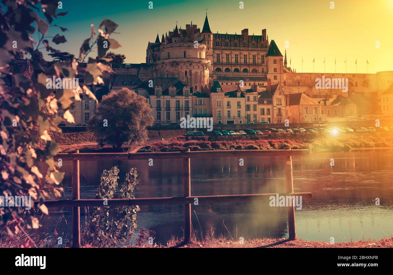 Vista dello splendido castello medievale castello di Amboise sulla Loira, Francia Foto Stock