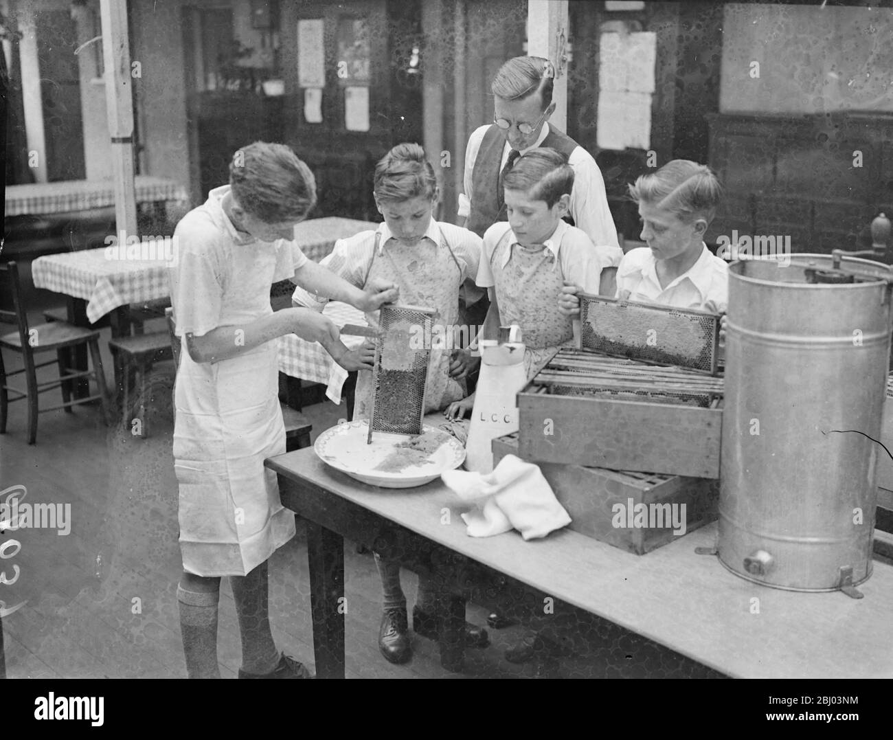 Alunni di cui vicolo scuola all'aperto che mette il nido d'ape in una specie di churn che rimuove il miele dalla forza centrifuga. L'apicoltura è ora inclusa nel curriculum della Wood Lane School di Shepherd's Bush, Londra. Gli alunni sono istruita in modo completo nell'arte dalla raccolta del nettare al processo finale di imbottigliamento del miele. - 5 settembre 1937. Foto Stock