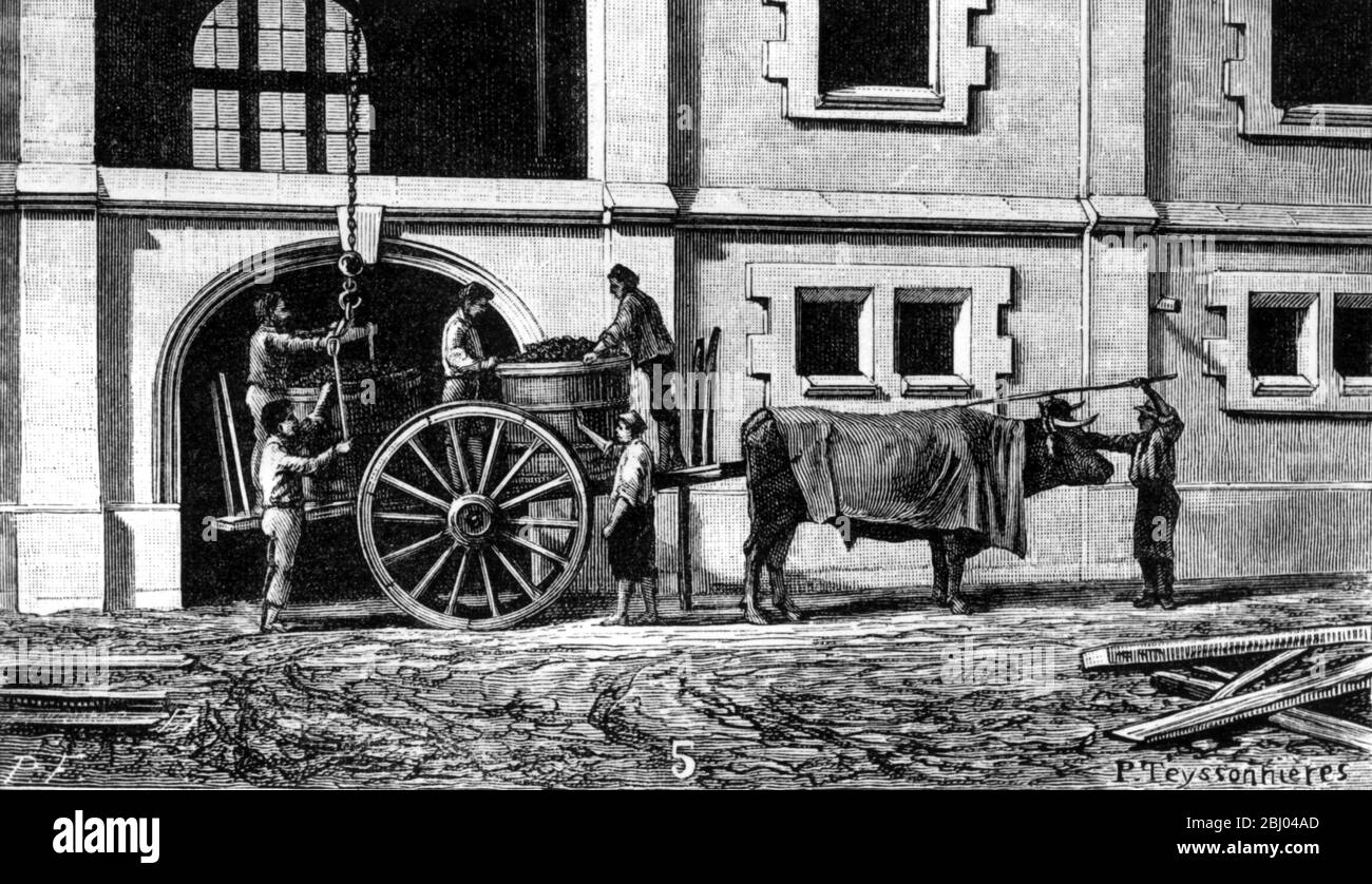 Esterno di Cuvier premere casa : le uve provenienti dal vigneto di Chateau Loudenne , Medoc , Bordeaux , a sud ovest della Francia 1889 Foto Stock