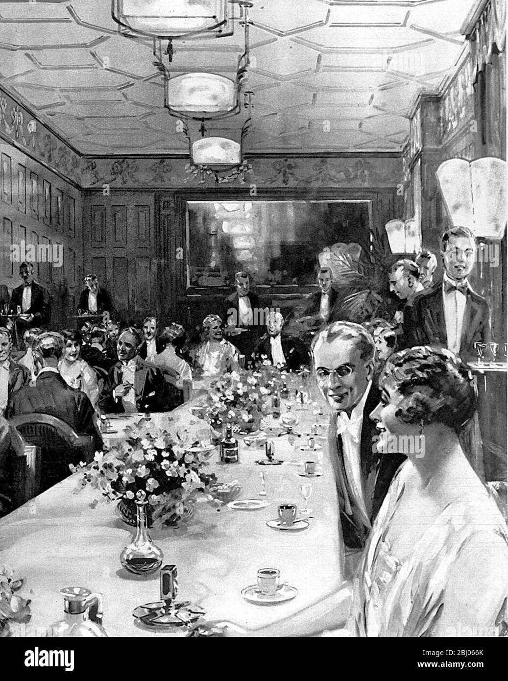 La sala banchetti in quercia con pannelli a Kettner's, Londra. 7 agosto 1926 Foto Stock