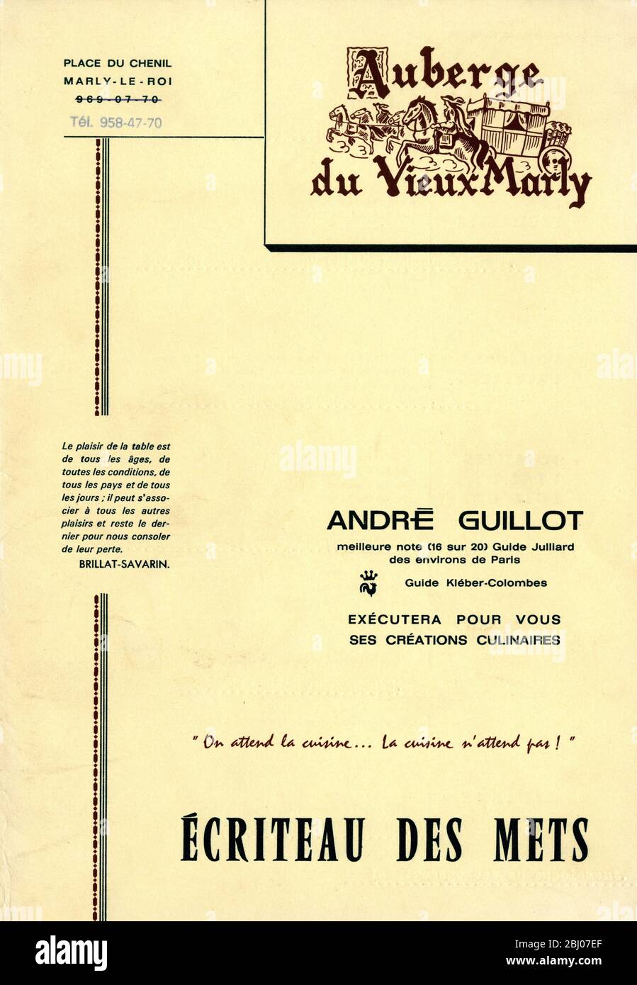 Carrier Collection of Menus - Auberge Du Vieux Marly - Marly-le-Roi, Francia Foto Stock