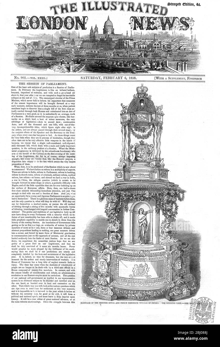 Copertina del Notiziario illustrato di Londra che mostra la torta nuziale stratificata per il matrimonio dei principi Victoria e del principe Federico Guglielmo di Prussia. La torta è stata disegnata da M.Jules le Blonde, e creata da lui con l'aiuto di M. Constant Pagnier - Cake include i cupidi che tengono un medaglione. - Londra, Inghilterra - 25 Gennaio 1858 - Foto Stock