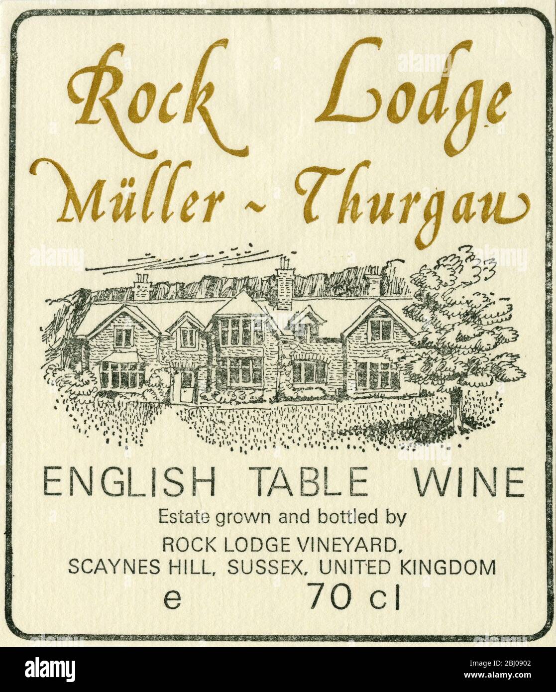 Etichetta del vino - Rock Lodge vino da tavola inglese. Una varietà di vite Muller Thurgan, coltivata e imbottigliata da Rol Lodge Vineyard, Sussex. Foto Stock