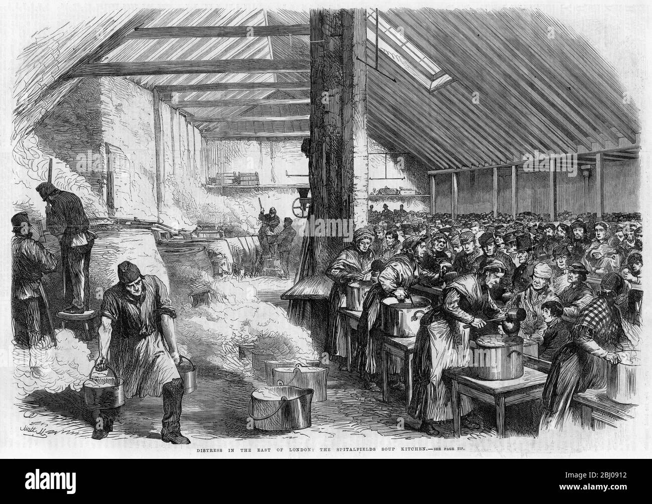 La cucina Spitalfields Soup al 53 Brick Lane, East London. La sofferenza tra i poveri della East London continua ad aggravarsi dal freddo e dall'aumento della disoccupazione. La Società Spitalfields Soup ora eroga tra 3000 e 4000 quarti di zuppa al giorno, tranne la domenica, a un centesimo un quarto, molto meno del costo reale che incorrono in una perdita considerevole per la società. - 9 marzo 1867 Foto Stock