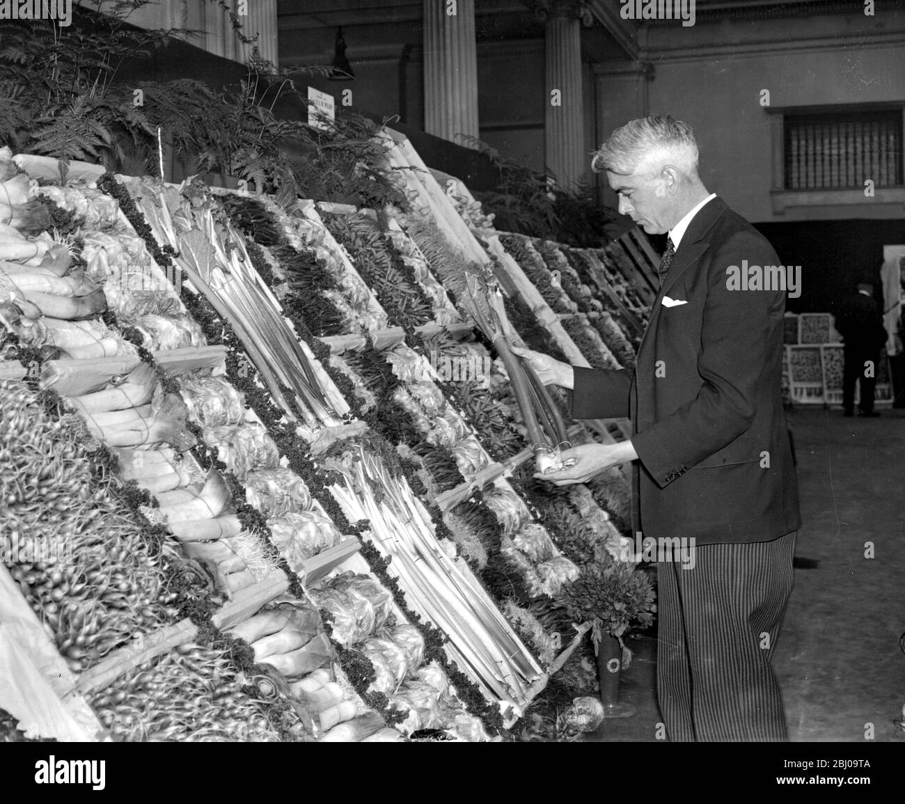 I primi prodotti del mercato sono prodotti presso la Horticultural Hall, Westminister. - il signor W.S. Morrison, Ministro dell'Agricoltura, esaminatore di alcuni prodotti. - 12 aprile 1938 Foto Stock