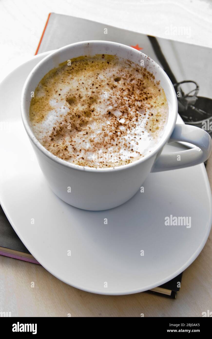 Tazza bianca di cappuccino in porcellana seduta su libro cartaceo - Foto Stock