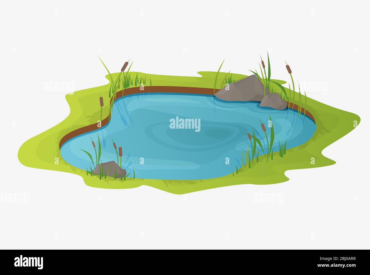 Pittoresco stagno d'acqua con canne. Il concetto di una palude aperta di piccole dimensioni Illustrazione Vettoriale