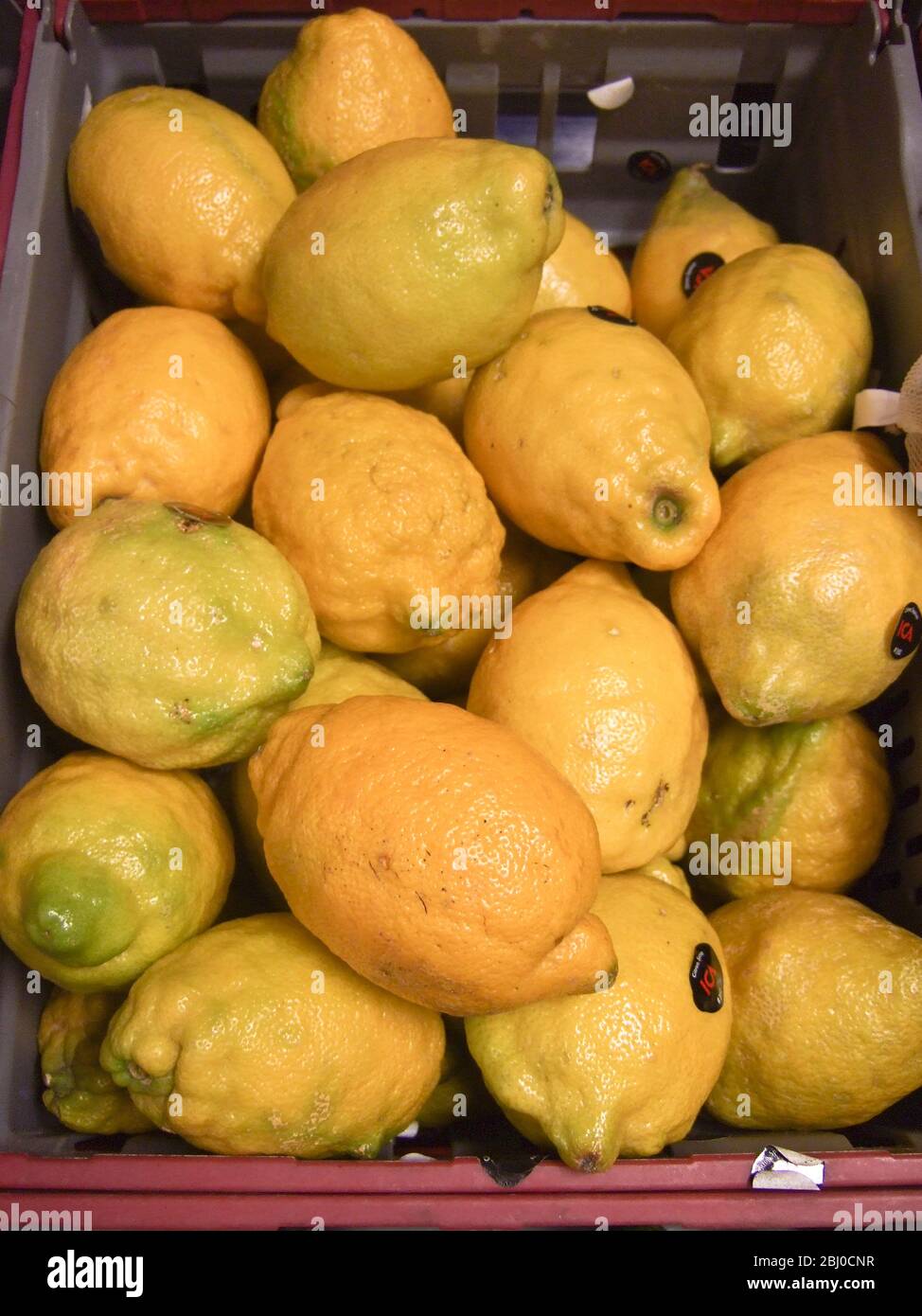 I limoni mediterranei knobbly per la vendita nel deposito locale svedese dell'angolo - Foto Stock