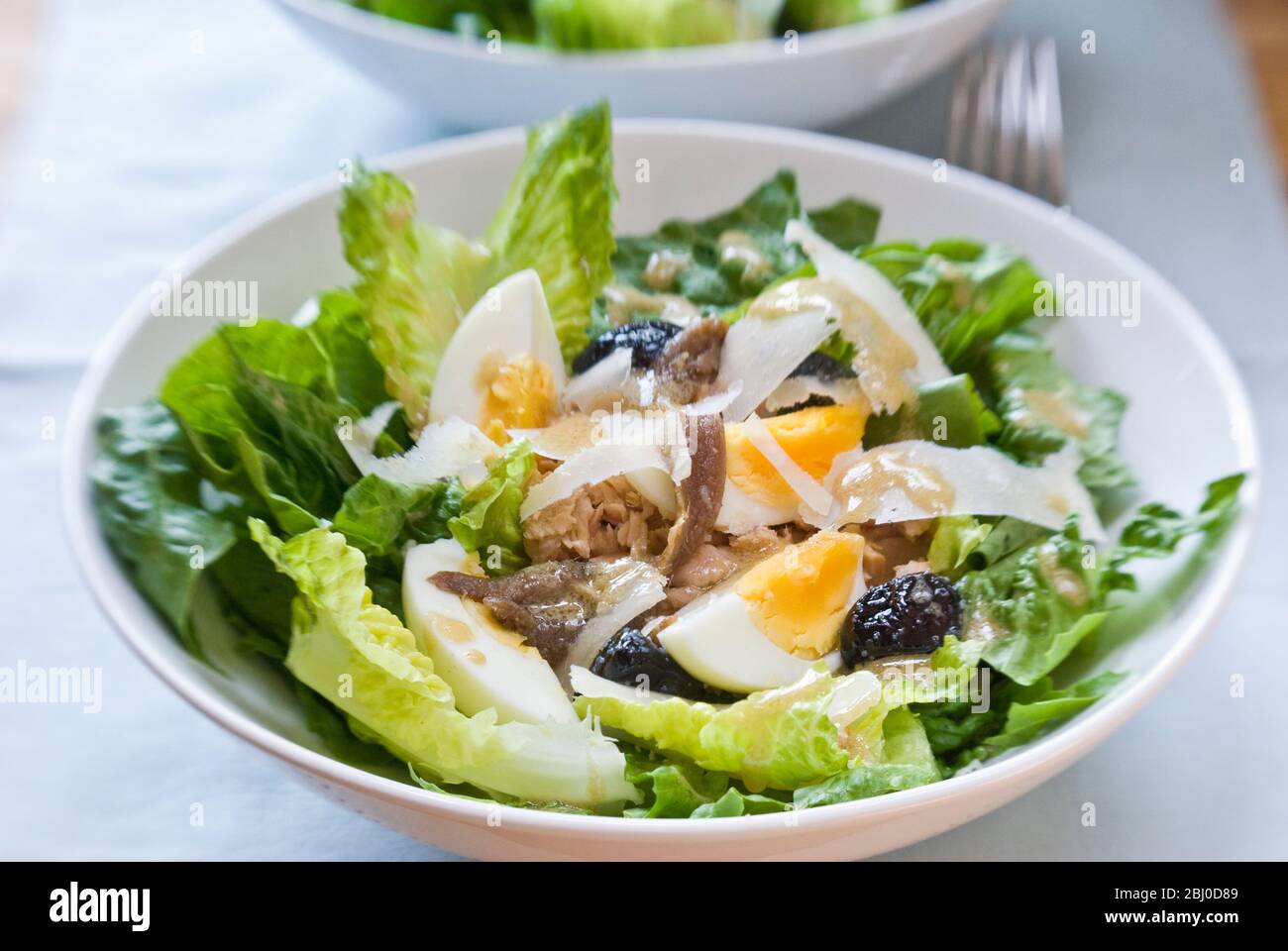 Ciotola bianca di salata classica Nicoise, con vinaigrette - Foto Stock