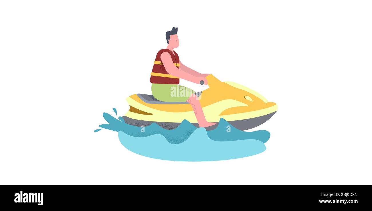 Un uomo guida una moto d'acqua. Illustrazione in colori caldi giallo-rosso Illustrazione Vettoriale