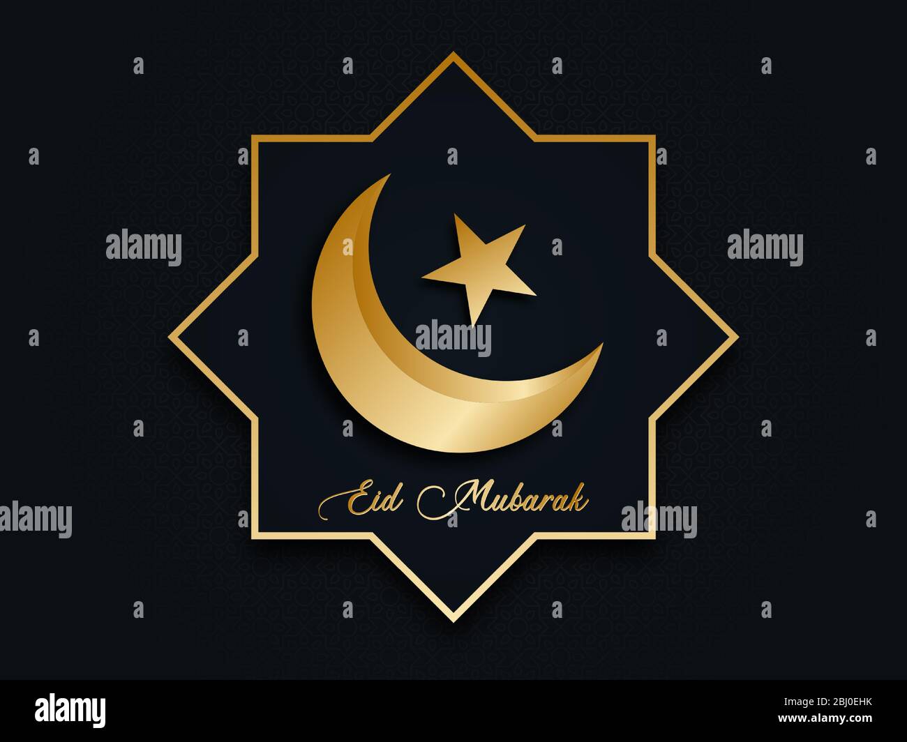 Bella Eid Mubarak biglietto di auguri design. La celebrazione della festa in Islam. Con una mezzaluna dorata e stelle su sfondo blu e motivo. Illustrazione Vettoriale