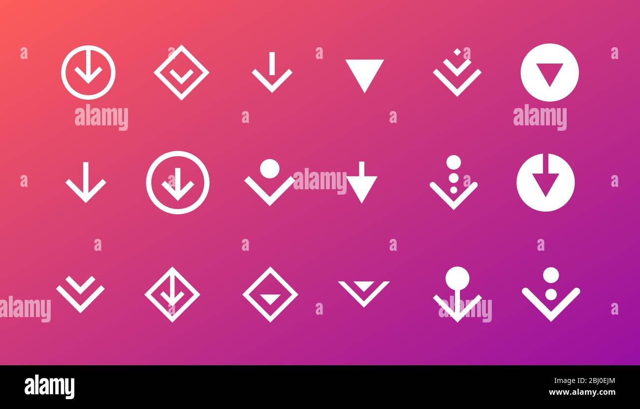 Scorri verso il basso l'icona o scarica il set di pittogrammi di scorrimento isolato per blogger web ui ux design. Freccia bianca del vettore in basso per l'applicazione e il sito di social network. Semplice illustrazione del pulsante del gradiente Illustrazione Vettoriale