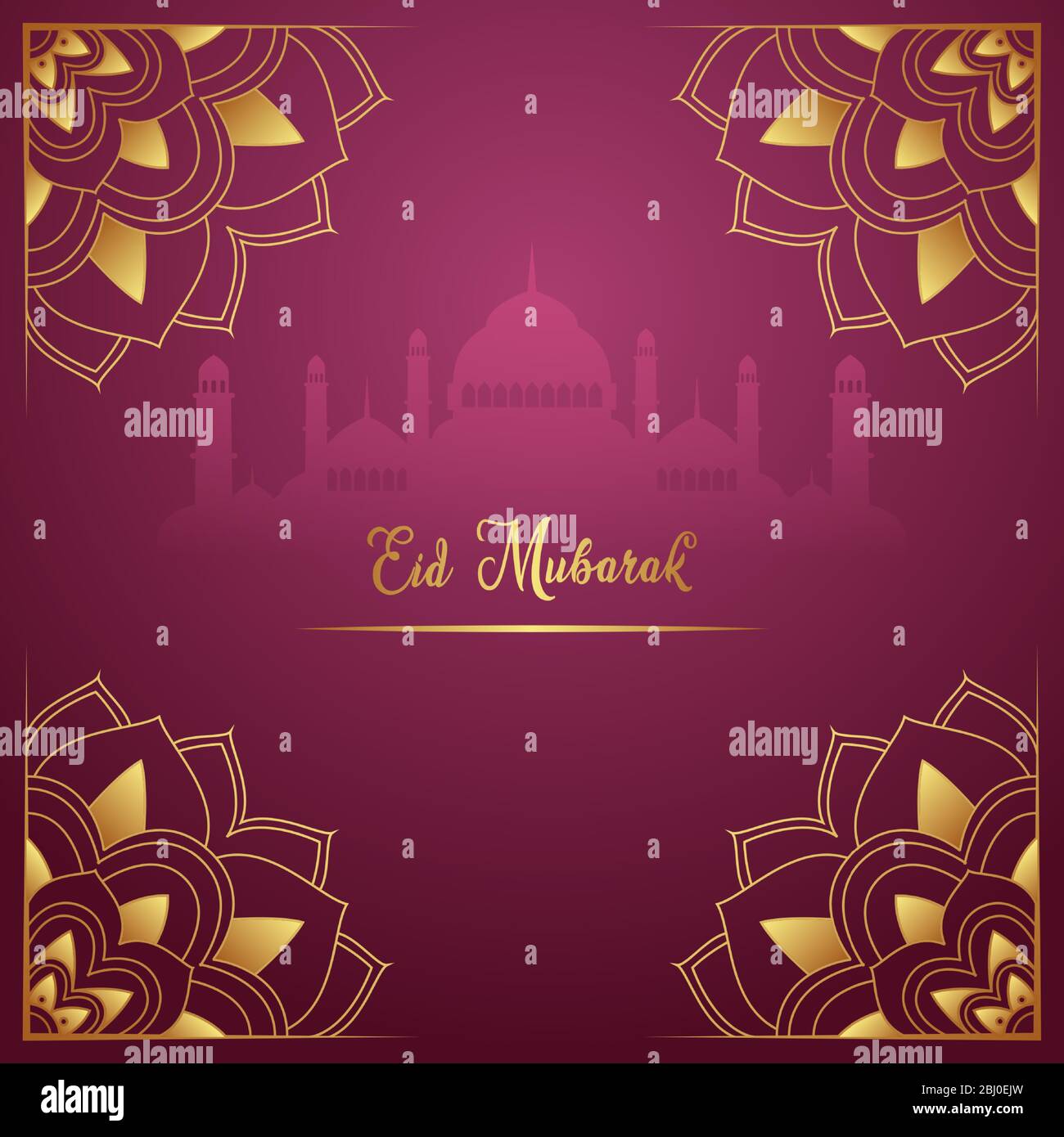 Bella Eid Mubarak biglietto di auguri design. Con la silhouette della moschea e ornamenti floreali accanto ad esso su uno sfondo viola con un gradiente Illustrazione Vettoriale
