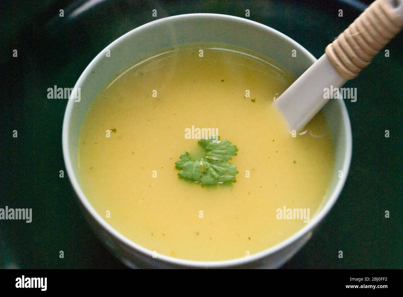 Ciotola di zuppa di pollo, con foglia di coriandolo - Foto Stock