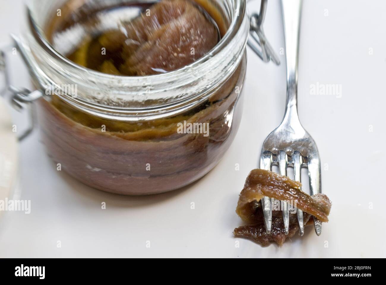 Filetti di acciughe in olio in vaso di conservazione, con filetto singolo su una forchetta - Foto Stock