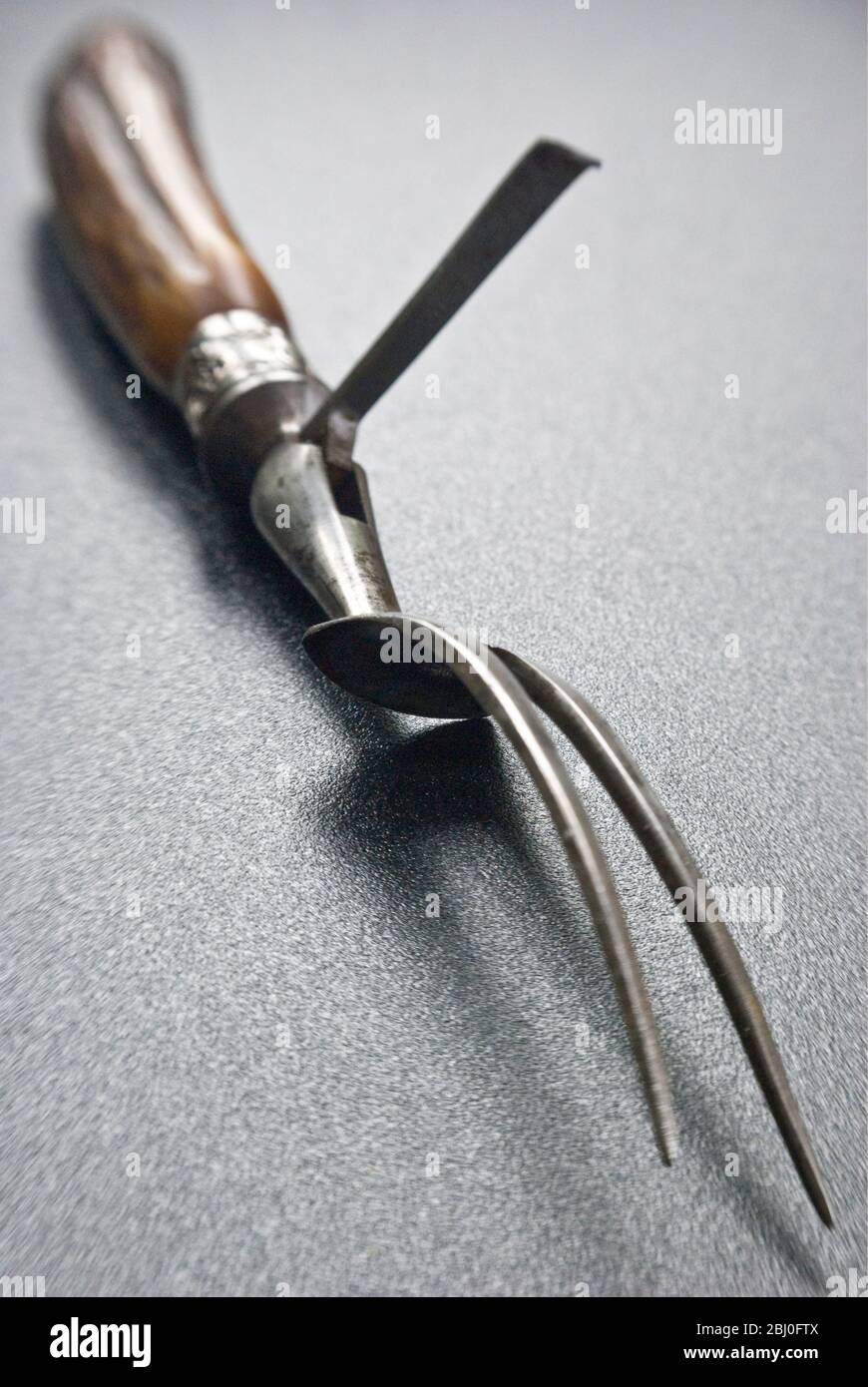 Forcella in acciaio con manico a tromba e protezione sollevata su superficie grigia - Foto Stock