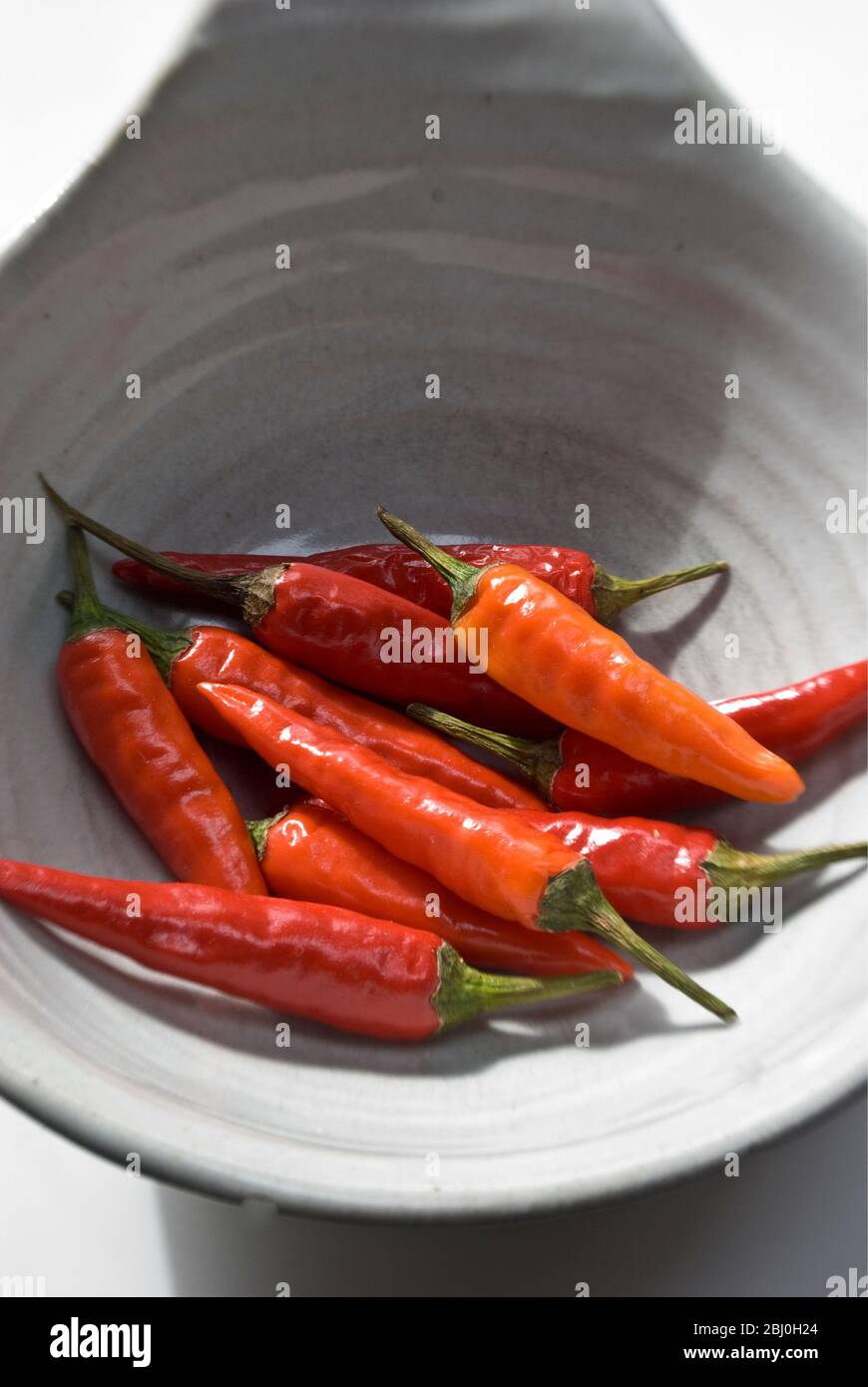 Piccoli peperoncini piccanti disposti su superficie bianca. - Foto Stock