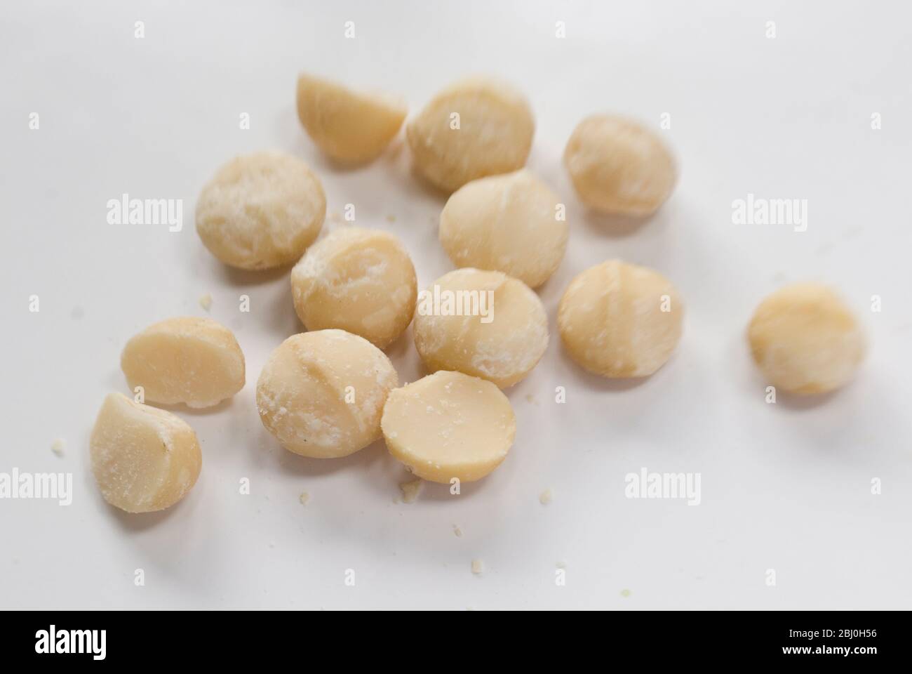 Macadamia secca sgusciati, su superficie bianca - Foto Stock