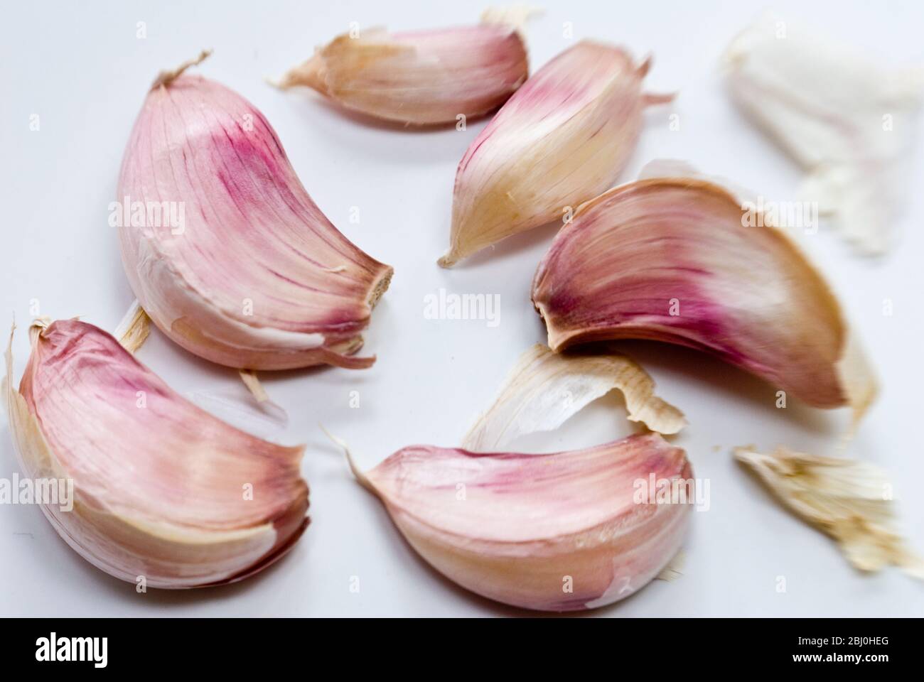 Spicchi d'aglio nelle loro bucce bianche e rosa - Foto Stock