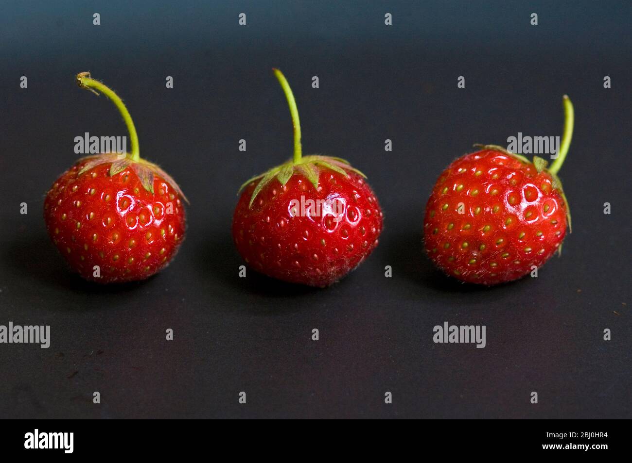 Tre piccole fragole in fila su piatto nero - Foto Stock