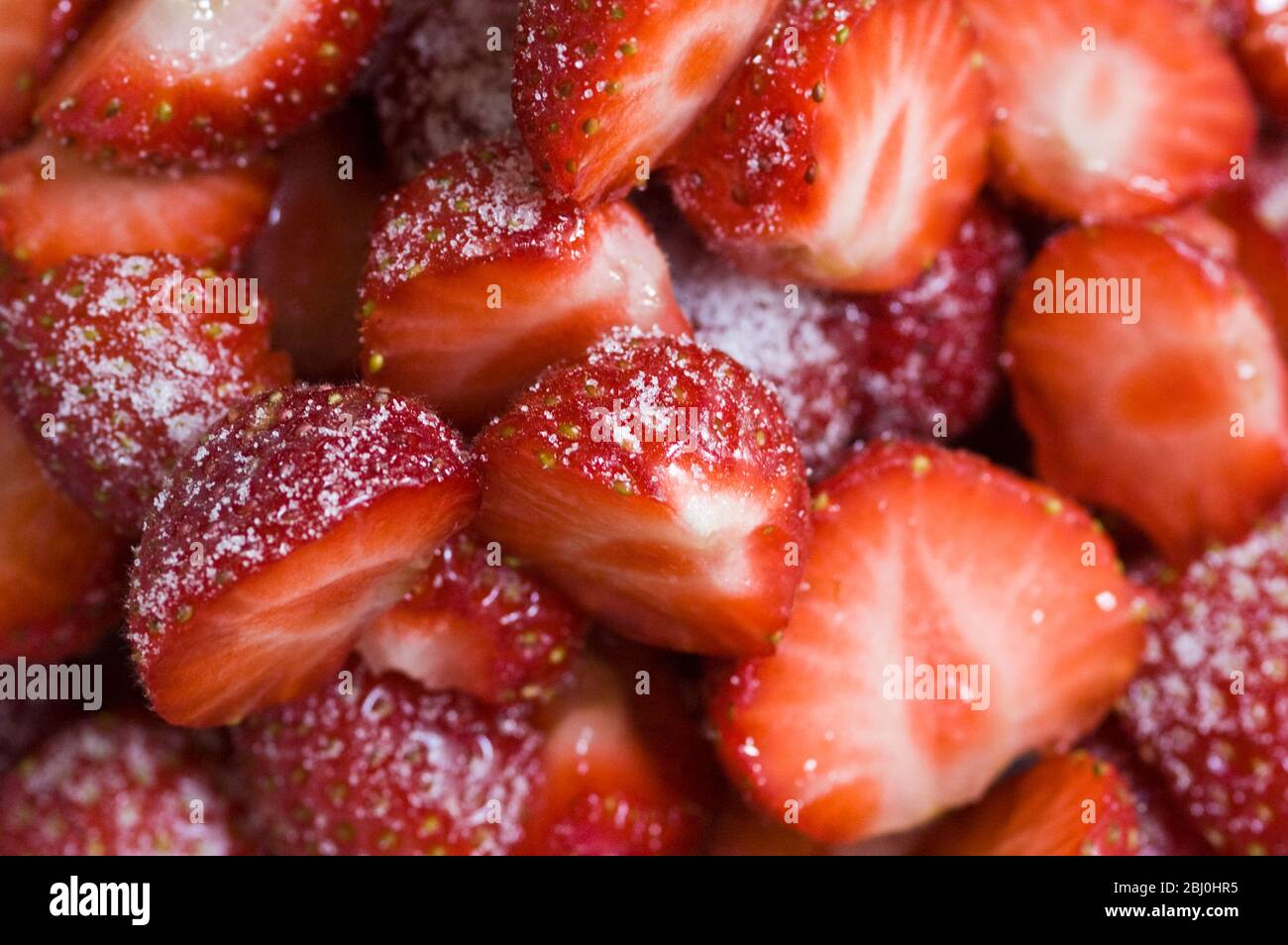 Fragole, spolverate e dimezzate in ciotola, spolverate con zucchero a velo. - Foto Stock