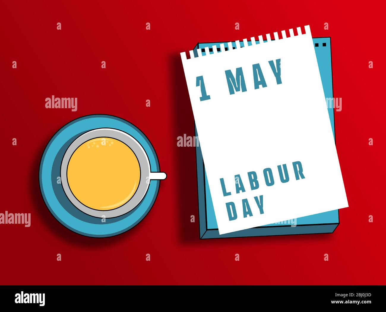 Poster o banner per una giornata di lavoro felice. 1° maggio Giornata internazionale del lavoro. Illustrazione di una tazza di caffè e carta che legge il Labor Day. Illustrazione Vettoriale