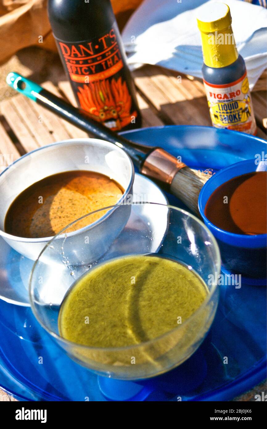 Bocce di marinate e smalti per barbecue, all'aperto al sole - Foto Stock