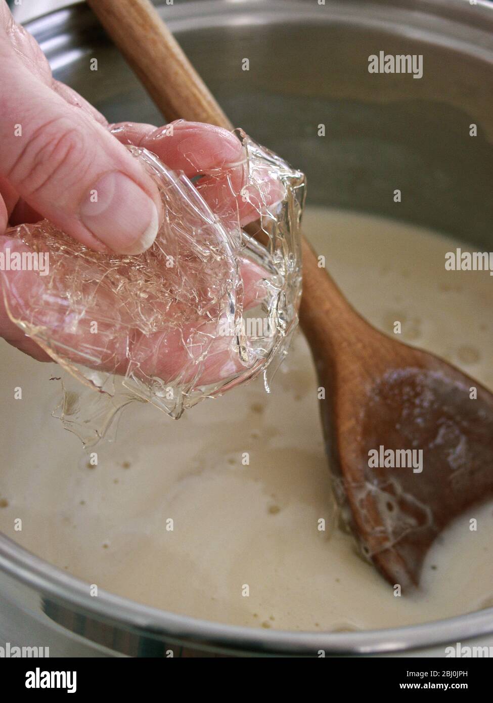 Aggiungere foglie di gelatina ammorbidita alla crema per addensare e regolare - - FOTOCAMERA DIGITALE OLYMPUS - Foto Stock
