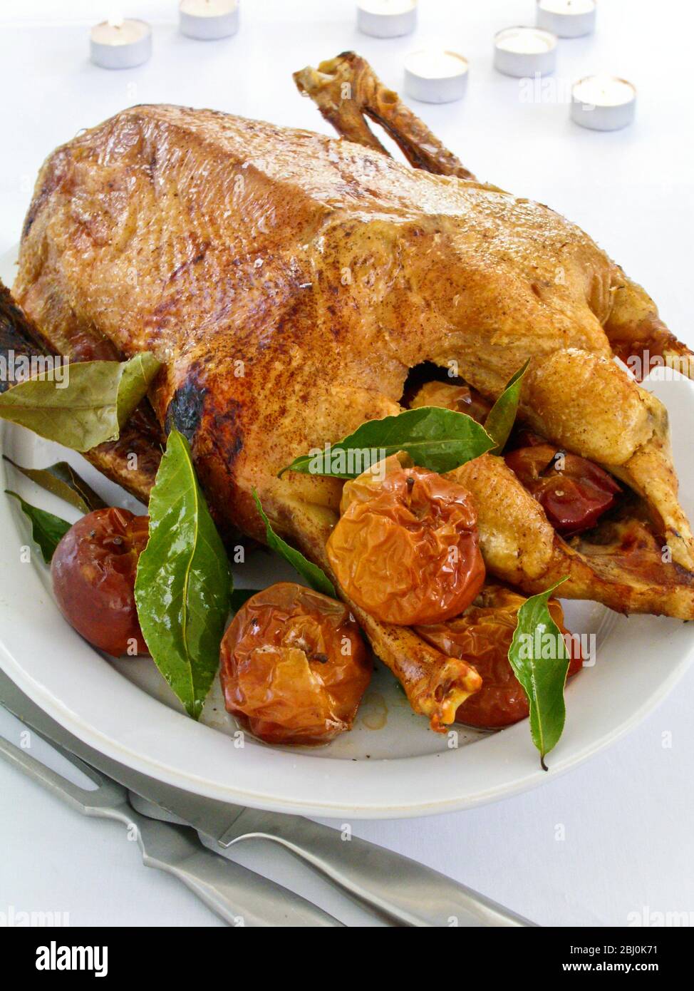Oca arrosto con mele arrosto e foglie di alloro su piatto bianco, con posate da intaglio. - Foto Stock