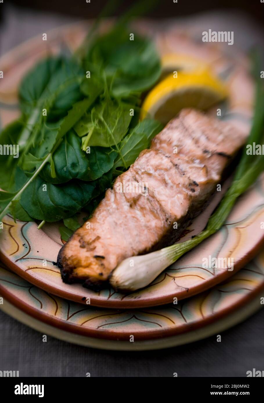 Filetto di salmone alla griglia con insalata mista di erbe, scalogno e limone su piatto rustico - Foto Stock