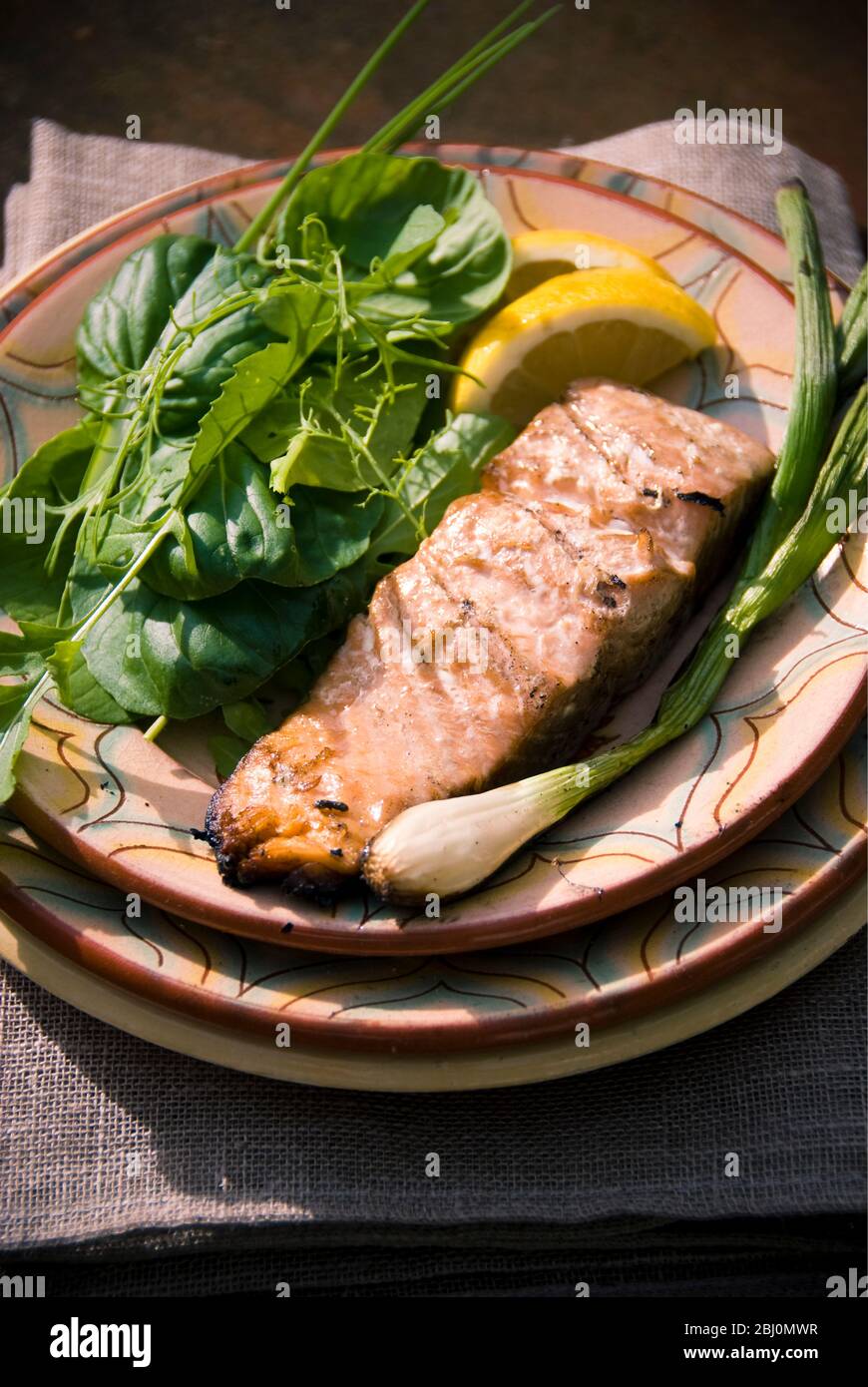 Filetto di salmone alla griglia con insalata mista di erbe, scalogno e limone su piatto rustico - Foto Stock