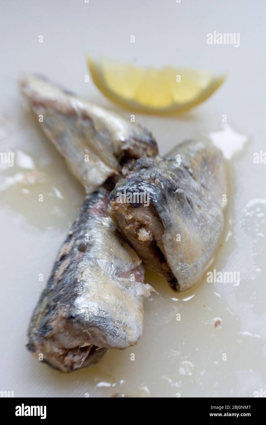 Sardine su lavagna bianca con cuneo al limone. - Foto Stock