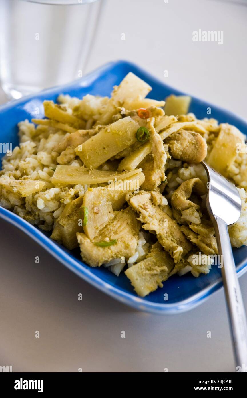 Curry di pollo Tailandese verde con germogli di bambù e riso - Foto Stock
