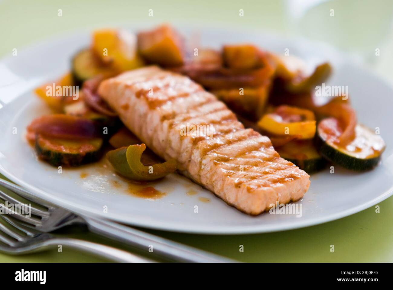 Piccolo pezzo di filetto di salmone alla griglia, servito su ratatouille. Una singola portata su piatto bianco. Profondità di campo breve. - Foto Stock