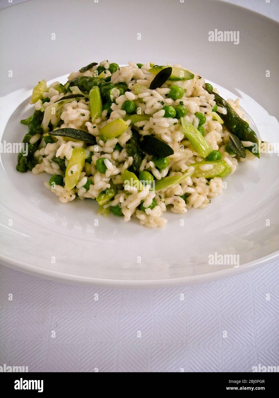 Piatto di risotto verde semplice, su piatto bianco come pranzo leggero o antipasto. - Foto Stock